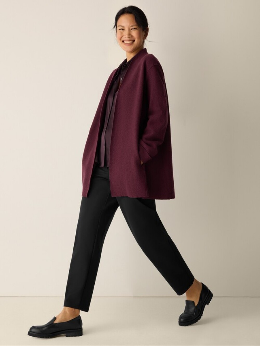 NWT Eileen Fisher Butterfly-Style Open Front, 100% Merino Wool, Deep Plum,( Xl)